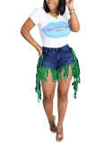 Green Tassel Design Distressed Denim
