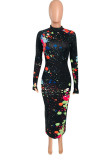 Turquoise Street O Neck Print scrawl Pattern Plus Size
