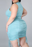 Blue Fashion Casual Plus Size Solid Fold O Neck Sleeveless Dress