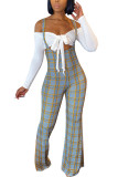 Navy Blue Fashion Sexy adult Ma'am Plaid Patchwork Solid Two Piece Suits Boot Cut Long Sleeve Two Pieces