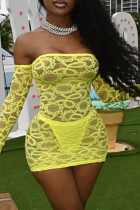 Yellow Sexy Solid Lace Off the Shoulder Pencil Skirt Dresses