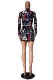 Dark Blue Casual Print O Neck Wrapped Skirt Dresses