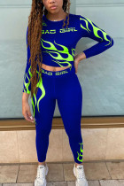 Blue Fashion Casual Adult Milk Fiber Print Patchwork O Neck Long Sleeve Regular Sleeve Short Two Pieces