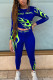 Blue Fashion Casual Adult Milk Fiber Print Patchwork O Neck Long Sleeve Regular Sleeve Short Two Pieces