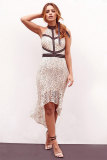 Pink Fashion Off The Shoulder Sleeveless O neck Mermaid Mid-Calf asymmetrical Patchwork lace 