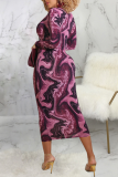 Purplish Red Sexy Print Patchwork Zipper Collar Pencil Skirt Dresses