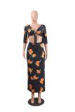 Black Fashion Sexy Two Piece Suits Slim fit Split crop top Print Bandage asymmetrical Dot Regula