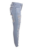 Baby Blue Sexy Solid Ripped High Waist Skinny Denim