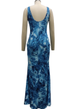 Blue Sexy Print High Opening Spaghetti Strap Irregular Dress Dresses