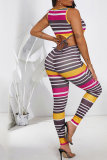 Red Casual Striped Patchwork O Neck Sleeveless Two Pieces