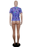 White Blue Yellow purple colour O Neck Short Sleeve Patchwork Print Character Tops