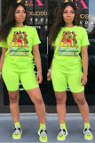 Fluorescent green Fashion Casual adult Letter Patchwork Print Two Piece Suits Straight Short Sleeve Two Pieces