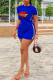 Blue Fashion Casual Patchwork Print Two Piece Suits pencil Short Sleeve Two Pieces