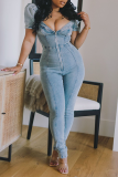 Baby Blue Sexy Solid Patchwork V Neck Short Sleeve Skinny Denim Jumpsuits