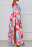 Red Sexy Print Patchwork Off the Shoulder Straight Dresses