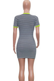 Green Casual Red Green Short Sleeves O neck Step Skirt Mini Striped Print Dresses