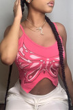 Rose Red Fashion Sexy Print Backless Asymmetrical Spaghetti Strap Tops