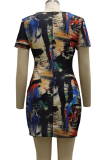 Multicolor Sexy Print Mesh O Neck Pencil Skirt Dresses