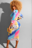 Multi-color Milk. Sexy Cap Sleeve Long Sleeves V Neck Step Skirt Mid-Calf Floral Print 