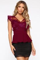 Wine Red V Neck Sleeveless Embroidery Solid Mesh Patchwork