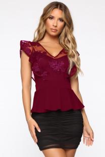 Wine Red V Neck Sleeveless Embroidery Solid Mesh Patchwork