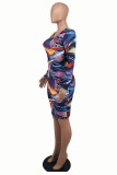 Multicolor Fashion Casual Print Basic O Neck Long Sleeve Dresses