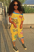 Yellow Sexy Fashion Patchwork Pocket Print Backless Short Sleeve one word collar Rompers