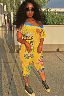 Yellow Sexy Fashion Patchwork Pocket Print Backless Short Sleeve one word collar Rompers