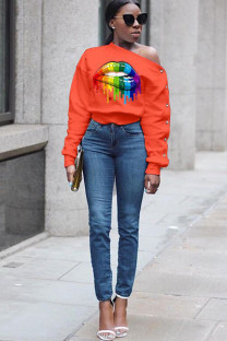 Orange One Shoulder Collar Print Print Long Sleeve 