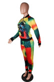 Red Yellow Casual Print Tie-dye O Neck Plus Size 