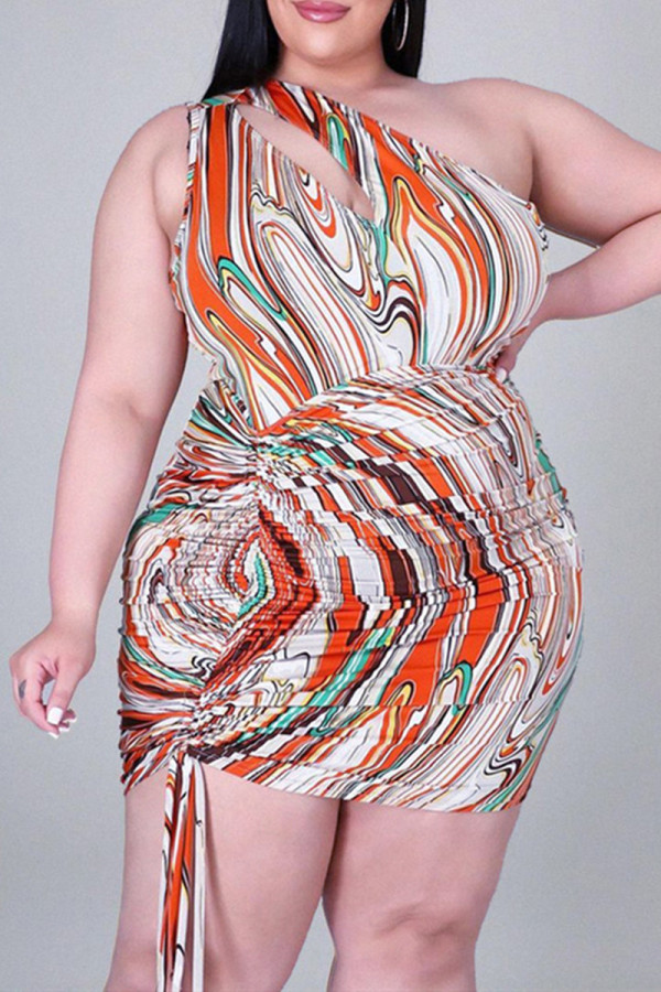 Orange Fashion Plus Size Print Hollowed Out Fold One Shoulder Sleeveless Dress
