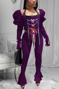 purple Street Solid Bandage Square Collar Long Sleeve Two Pieces