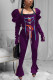 purple Street Solid Bandage Square Collar Long Sleeve Two Pieces