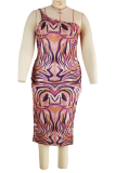 Pink Sexy Print High Opening One Shoulder Irregular Dress Plus Size Dresses