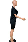 Black Casual Print Straight Short Sleeve Two Pieces