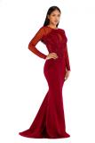 Wine Red Fashion adult Celebrities Cap Sleeve Long Sleeves O neck Mermaid Floor-Length Sequin Patch