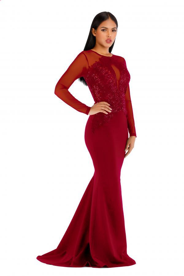 Wine Red Fashion adult Celebrities Cap Sleeve Long Sleeves O neck Mermaid Floor-Length Sequin Patch