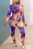 Multicolor Street Patchwork Tie-dye V Neck Long Sleeve Two Pieces