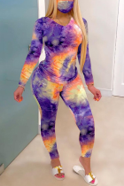 Multicolor Street Patchwork Tie-dye V Neck Long Sleeve Two Pieces