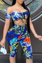 Blue Sexy Print Patchwork Off the Shoulder Short Sleeve Two Pieces