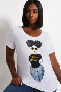White Fashion Casual adult Ma'am O Neck Print Pattern Plus Size