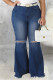 Dark Blue Fashion Casual Solid Ripped Without Belt Plus Size Jeans
