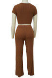 Coffee Casual Solid Patchwork O Neck Short Sleeve Two Pieces