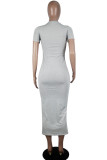 Grey Fashion Casual adult Ma'am Cap Sleeve Short Sleeves O neck Pencil Dress Mid-Calf Solid Dresses