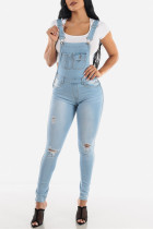 Baby Blue Fashion Casual Solid Ripped Pocket Regular Denim Jumpsuits