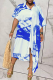 Blue Casual Patchwork Tie-dye Turndown Collar Shirt Dress Dresses
