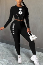 Black Fashion Casual adult Ma'am Patchwork Print Two Piece Suits pencil Long Sleeve Two Pieces