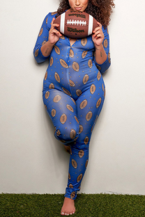 Blue Casual Print Patchwork V Neck Skinny Jumpsuits