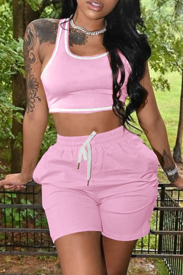 Light Pink Casual Sportswear Solid Vests U Neck Sleeveless Two Pieces