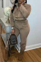 Brown Fashion Casual Solid Basic Zipper Collar Long Sleeve Two Pieces